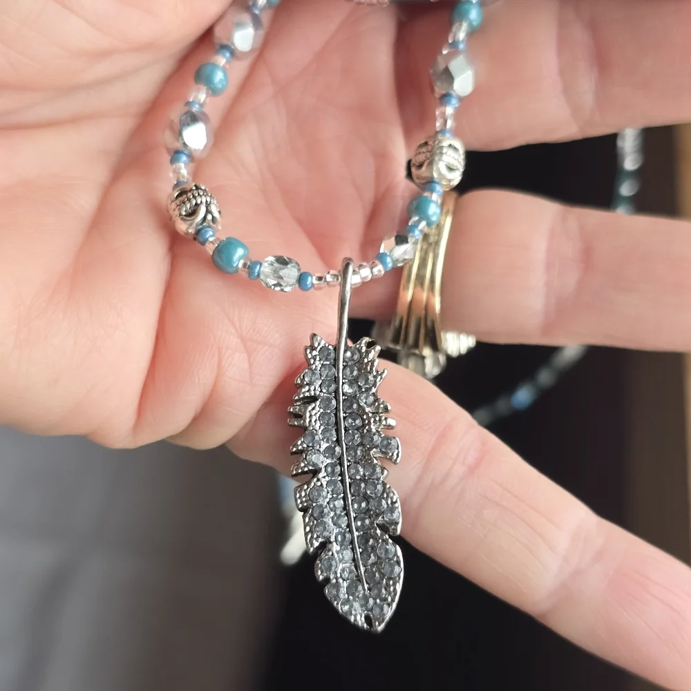 Blue and Silver Feather Pendant Necklace And Earrings, Hand crafted, New
